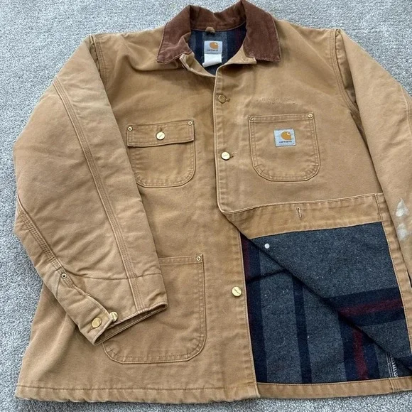 Vintage Carhartt Brown Canvas Work Chore Jacket Blanket Lined - Picture 4 of 7